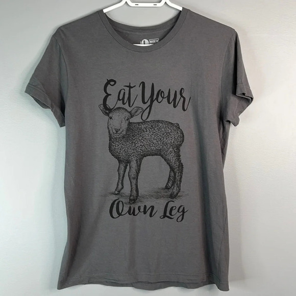 HARM LESS THREADS Eat Your Own Leg Lamb Graphic Tee Grey Short Sleeve Crew L - Picture 9 of 9